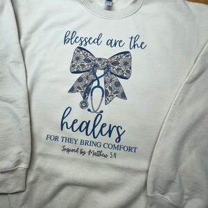 Gildan Sand Sweatshirt with Blue Flower Bow